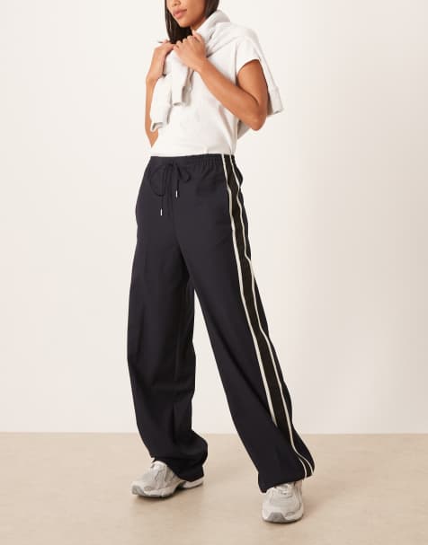 Mango – Hose in Marineblau mit geradem Schnitt, Taillenband und seitlichem Streifen - view 1