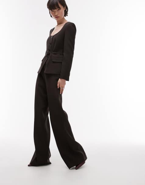 Mango – Hose in Schokobraun mit weitem Bein und elastischem Bund, Kombiteil - view 1
