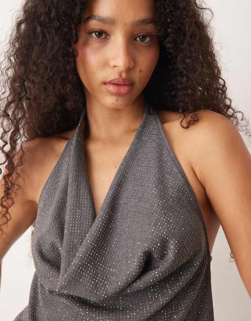 Mango hotfix halterneck drape detail top in grey, 3 of 4