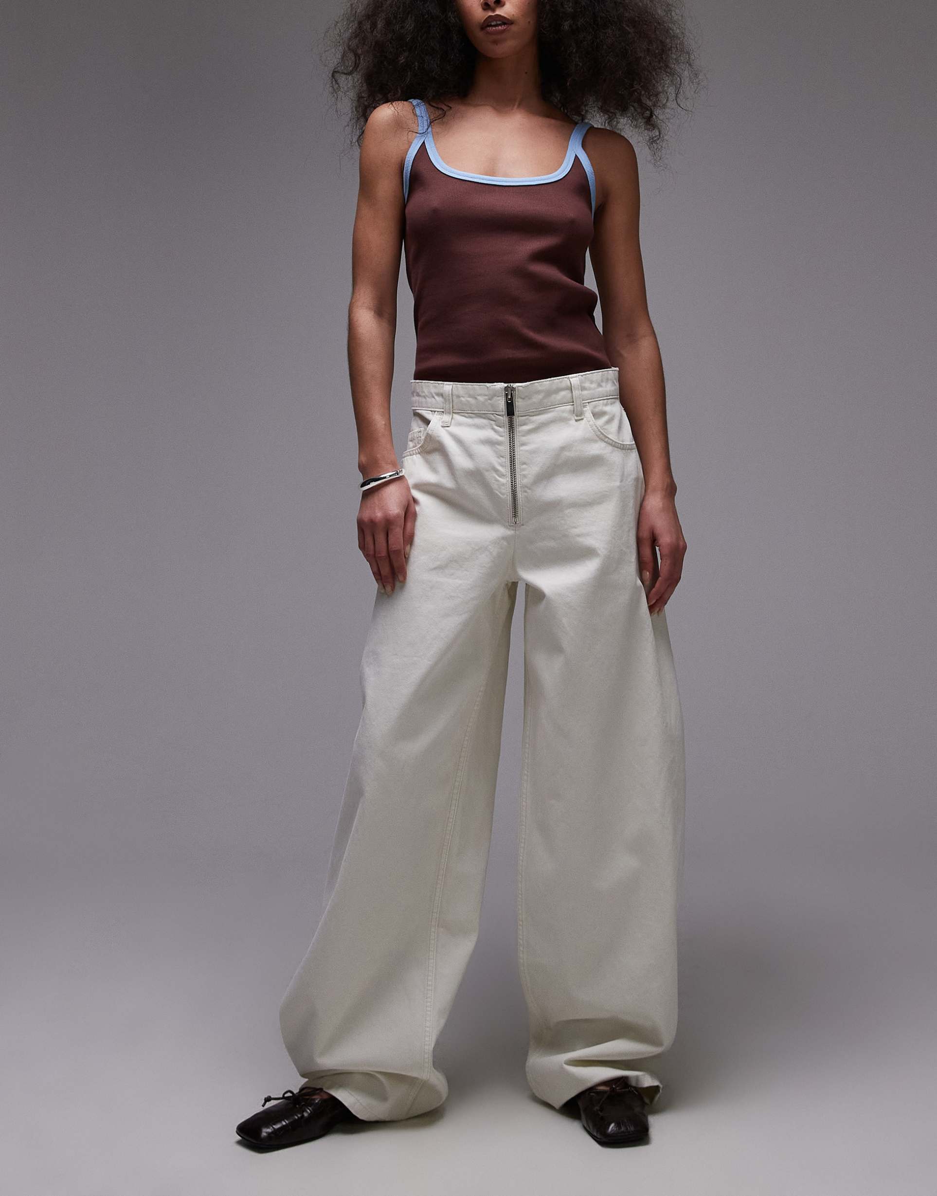 mango hunter zip front baggy jeans in white