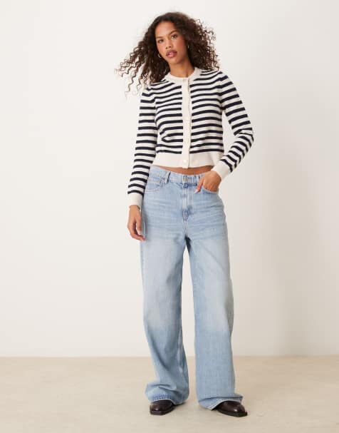 Mango - Hvid lodden cardigan med striber og guldfarvede knapper - view 1