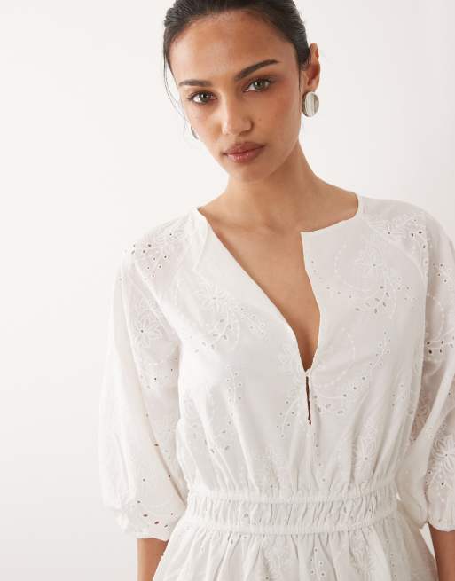 Mango - Hvid minikjole i 100% bomuld med lange ærmer og broderie anglaise, 3 af 4