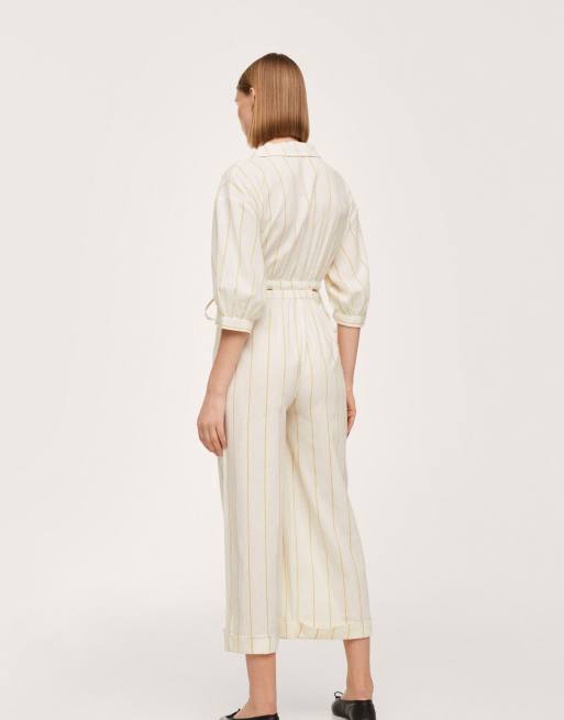 Mango - Hvid stribet jumpsuit i hør med udskæringer, 4 af 4