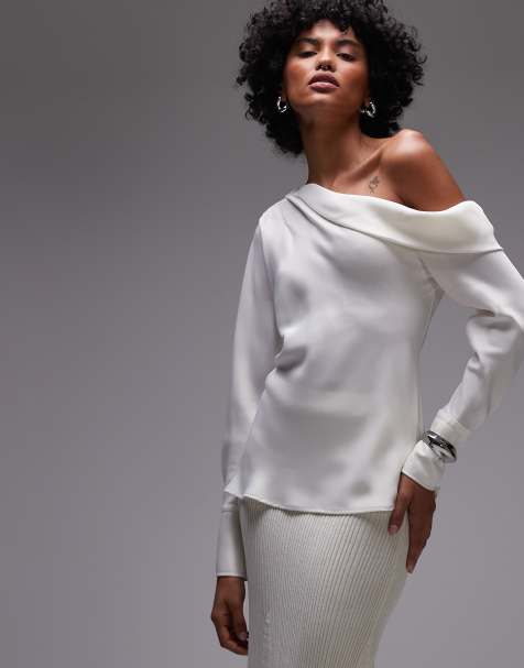 Mango - Hvid top med oneshoulder-snit og lange ærmer i satin - view 1