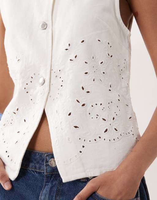 Mango - Hvid vest med gennemgående knapper og broderier i 100% bomuld, 3 af 4