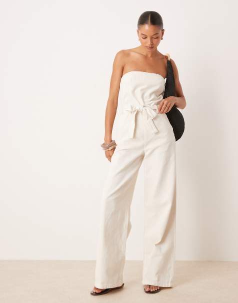 Mango - Hvidt lagdelt bandeau-jumpsuit med bælte i bomuld - view 1