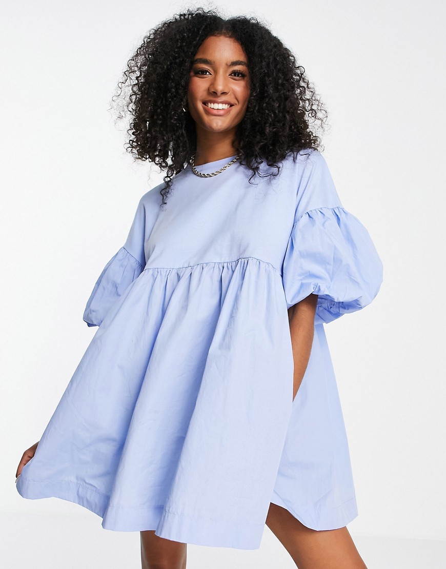 Mango - Hybride jurk van popeline met pofmouwen in babyblauw