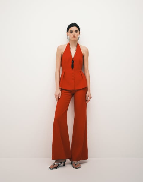 Mango – Iguana – Klarrött set med topp i peplum-modell med halterneck och byxor - view 1