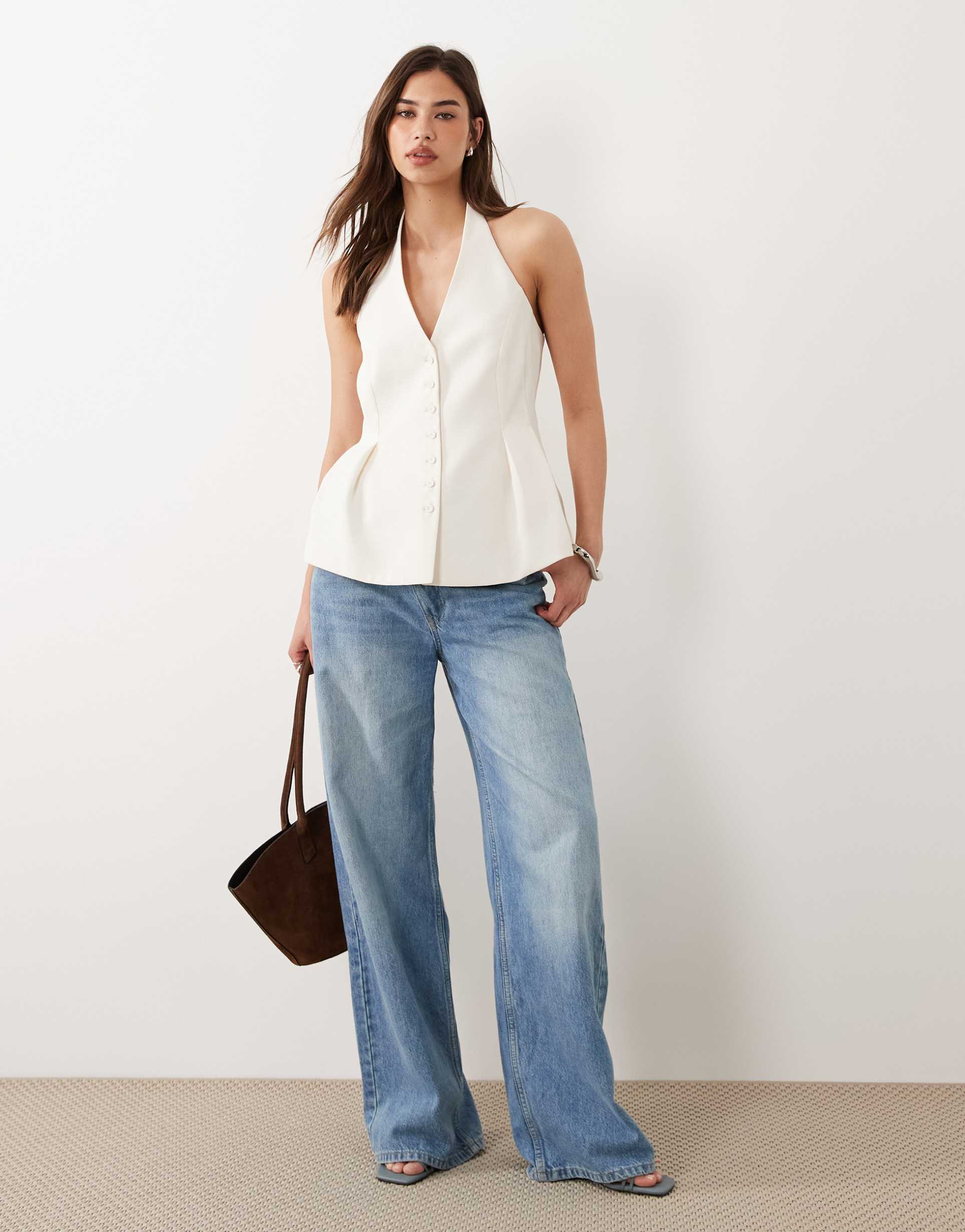 mango iguana tailored halterneck top in pastel yellow