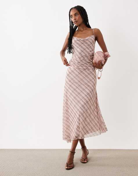 Mango - Illo - Geruite midi rok met asymmetrische zoom in roze, deel van co-ord set - view 1