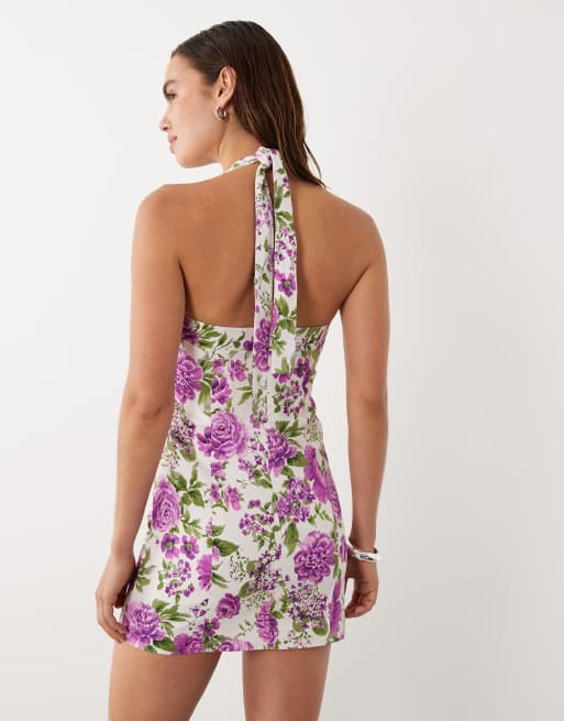 Mango - In collaborazione con Hailey Bieber - Vestito corto allacciato al collo rosa a fiori, 4 di 4