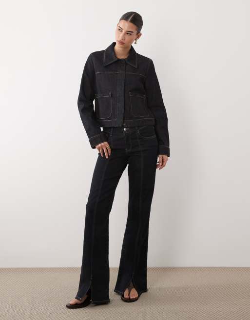 Mango - Indigoblå cropped denimjakke med kontrastfarvede stikninger, 2 af 4
