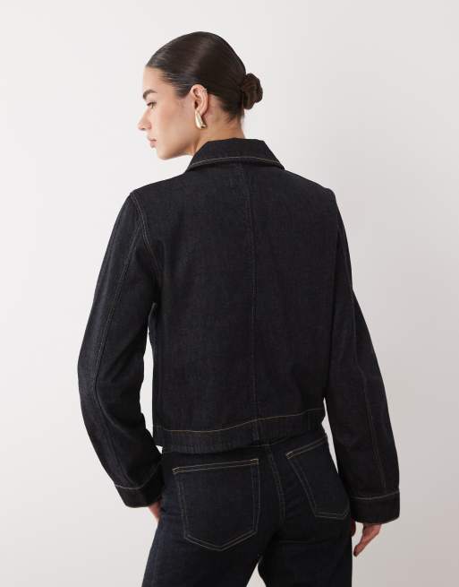 Mango - Indigoblå cropped denimjakke med kontrastfarvede stikninger, 3 af 4