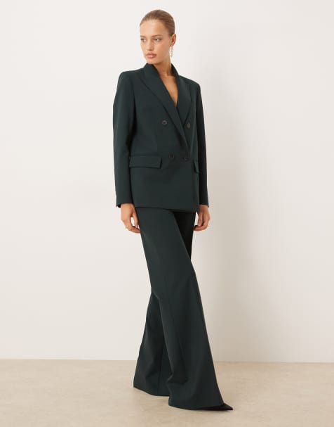 Mango Irese wool mix tailored flared trouser co-ord in forest green