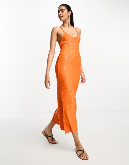 Mango iridescent bodycon style midi dress in orange ASOS