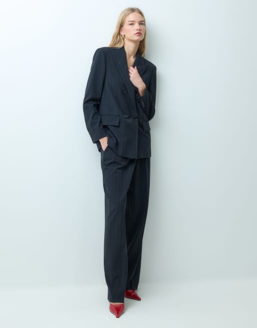 Mango Irise tailored blazer co-ord in navy stripe, 3 of 4