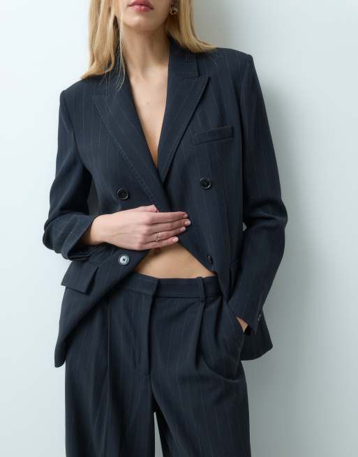 Mango Irise tailored flared trouser co-ord in navy stripe, 4 of 5