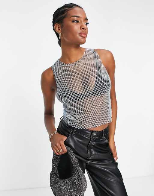 Mango iridescent mesh tank top in silver