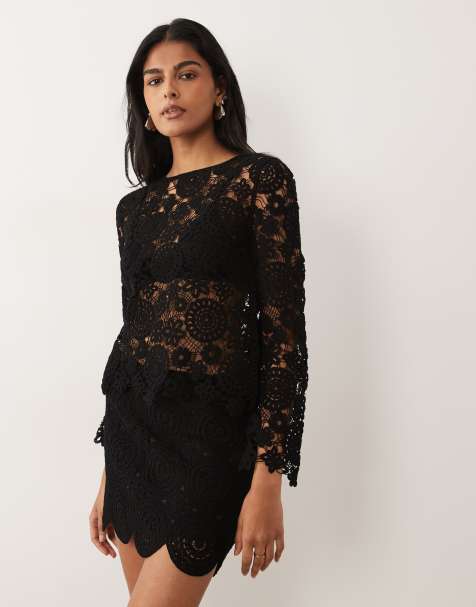 Mango Isabel cotton rich floral crochet mini skirt co-ord in black - view 1