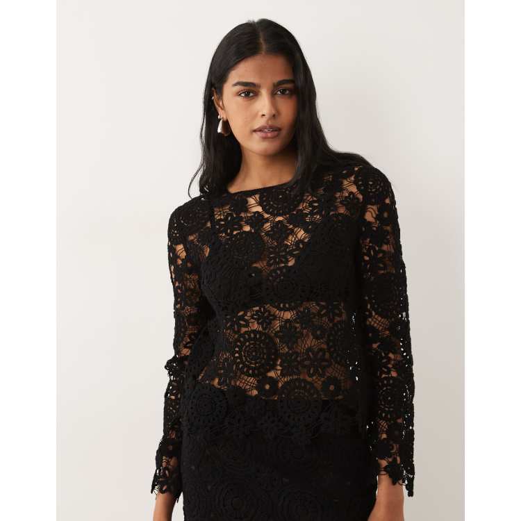 Mango Isabel cotton rich floral crochet top co-ord in black | ASOS