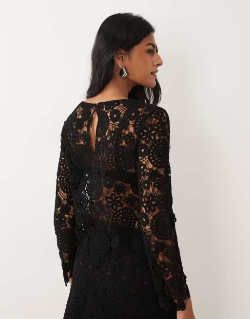 Mango Isabel cotton rich floral crochet top co-ord in black, 4 of 4