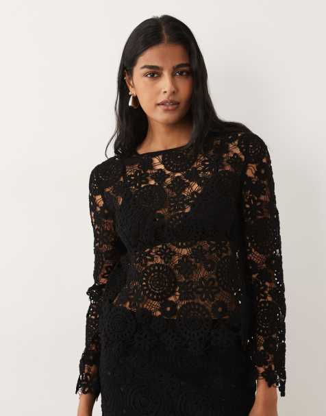 Mango - Isabel - Top d'ensemble au crochet riche en coton à fleurs - Noir - view 1