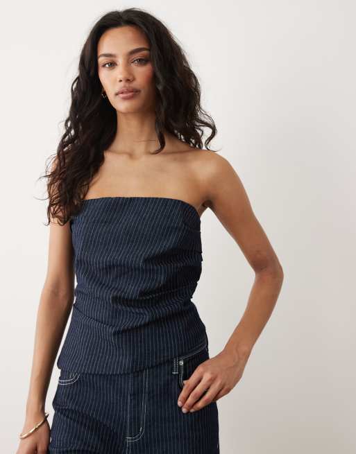 Mango – Isola – Ciemnoniebieski jeansowy zestaw w paski: top z odsłoniętymi ramionami i jeansy, 2 z 3