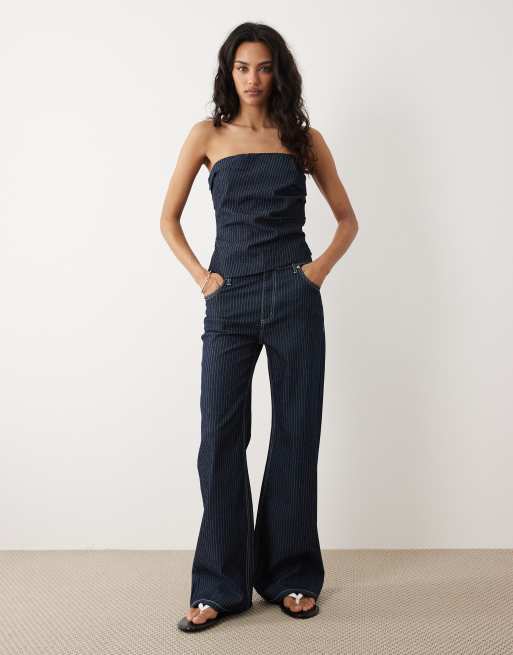 Mango Isola off shoulder denim top in dark blue stripe - part of a set, 3 of 4