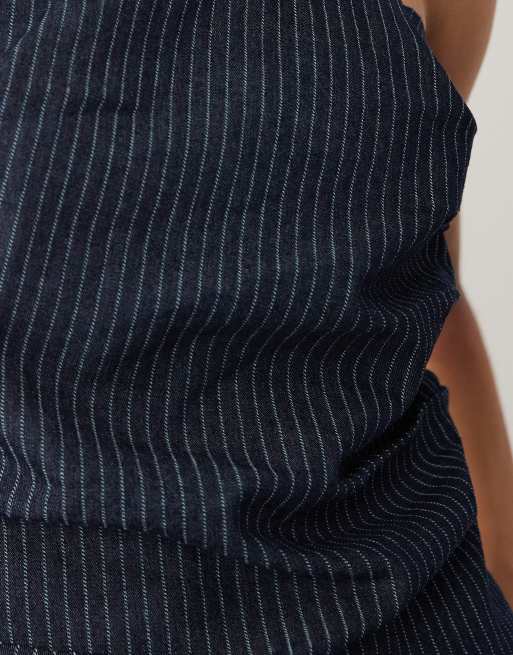 Mango Isola off shoulder denim top in dark blue stripe - part of a set, 4 of 4