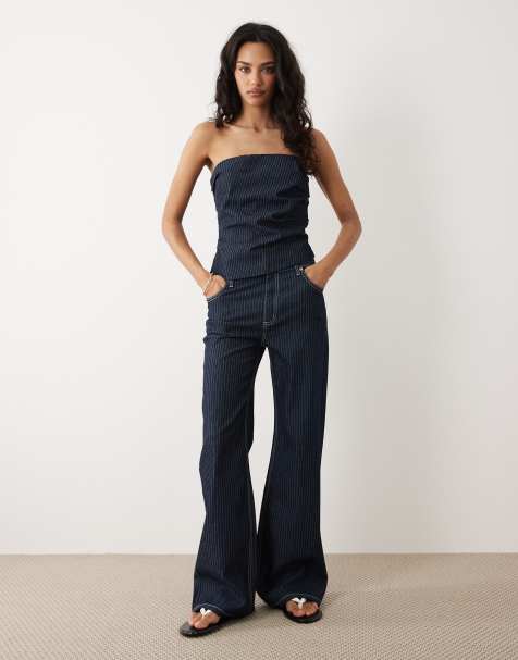 Mango Isola off shoulder denim top & jean co-ord in dark blue stripe - view 1