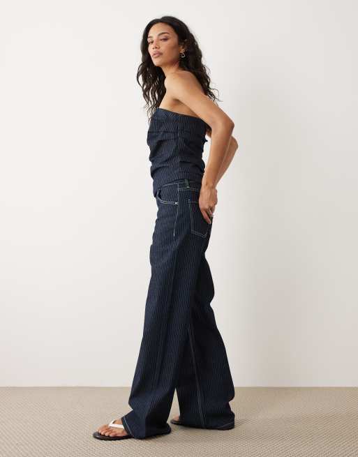 Mango Isola straight jean co-ord in dark blue stripe, 2 of 5