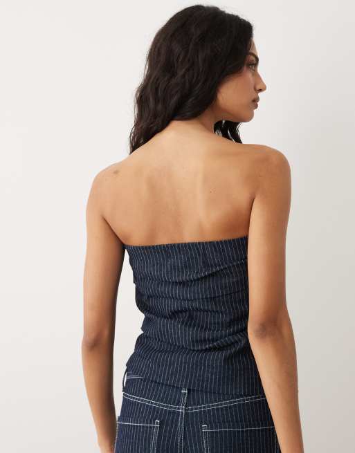 Mango Isola - Top in denim con spalle scoperte blu scuro a righe in coordinato, 2 di 4
