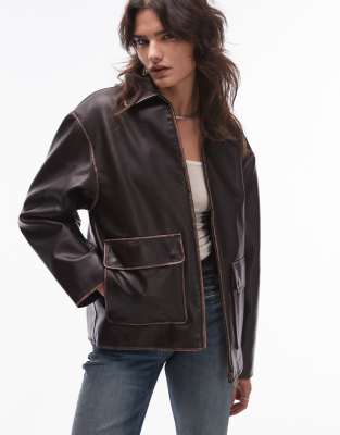 Dames Vintage Y2K Leren Jack Imitatieleer Oversized Pasvorm Lange Mouwen Modieus Imitatieleer Motorbikerjack Herfst Winter Los Modieus Bomberjack Streetwear(Brown,S