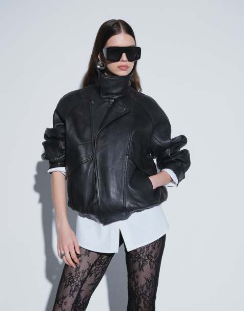 Mango jacka i 100% läder med ståkrage i chokladbrun - view 1