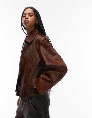 Mango - Jacke aus reinem Leder mit Reißverschluss und Hirsch-Print-Brown