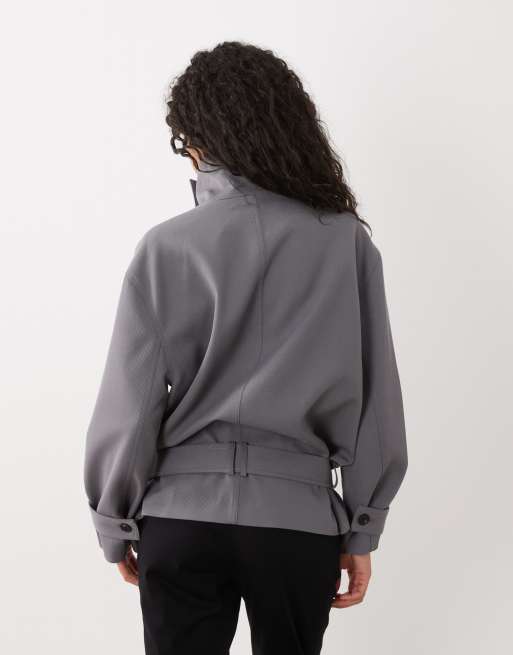 Mango Jacke mit Gürtel und Stehkragen in Grau, 4 von 4