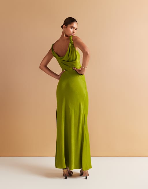 Mango – Jacquard-Maxikleid aus Satin in Olivgrün mit Wasserfallausschnitt und Seitenschlitz, 2 von 4