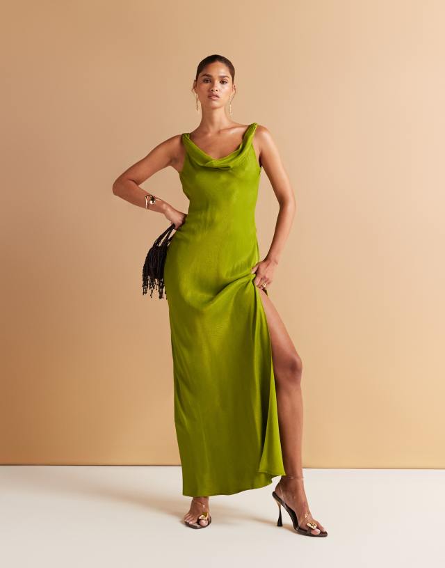 mango lime green dress jacquard satin cowl neck maxi with side split in olive Bow belt