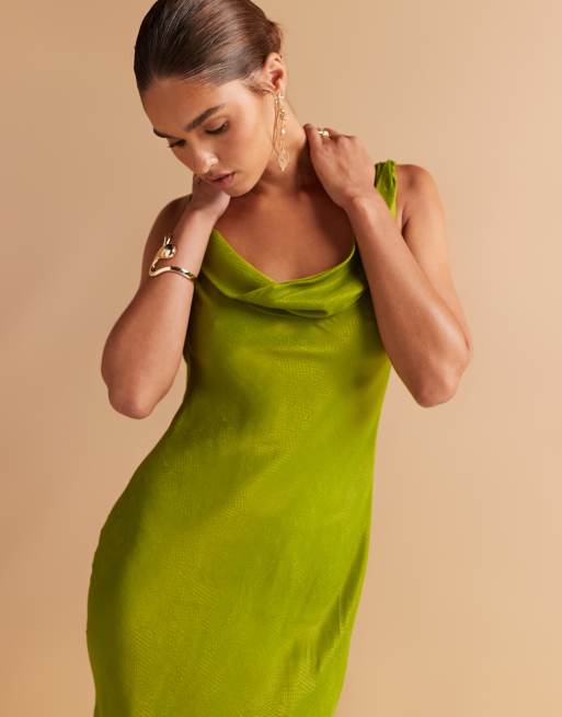 Mango jacquard satin cowl neck maxi dress with side split in olive green, 3 of 4