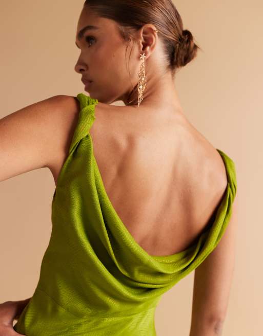 Mango jacquard satin cowl neck maxi dress with side split in olive green, 4 of 4