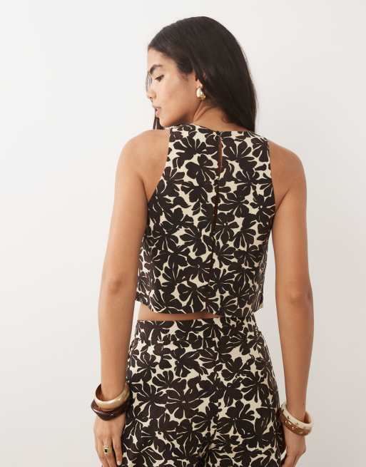 Mango Jamie sleeveless top co-ord in beige floral print, 3 of 4