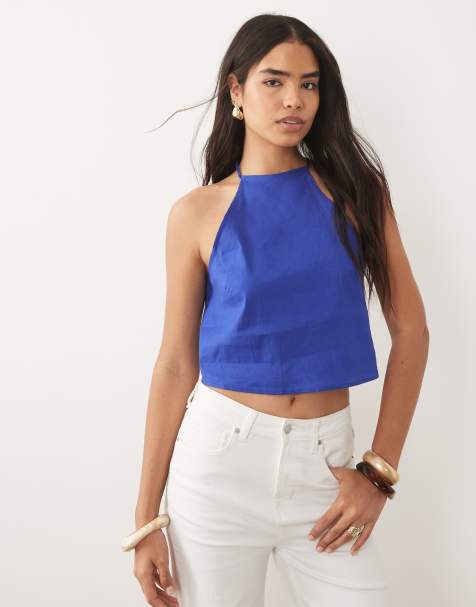 Mango – Jaskrawoniebieski top z dekoltem typu halter z domieszką lnu - view 1