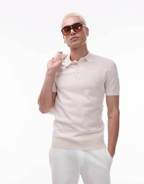 Mango knitted collared polo shirt in light beige