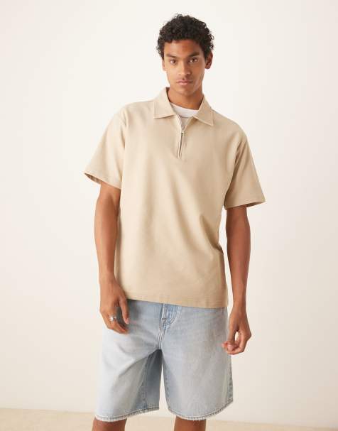 Mango straight fit quarter zip polo top in light beige