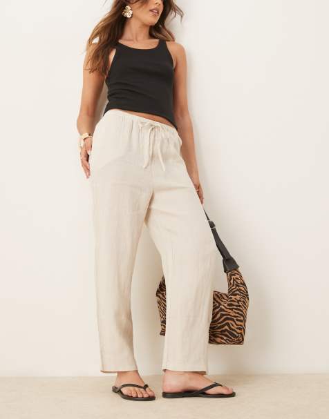 Mango tie waist linen trousers in light beige