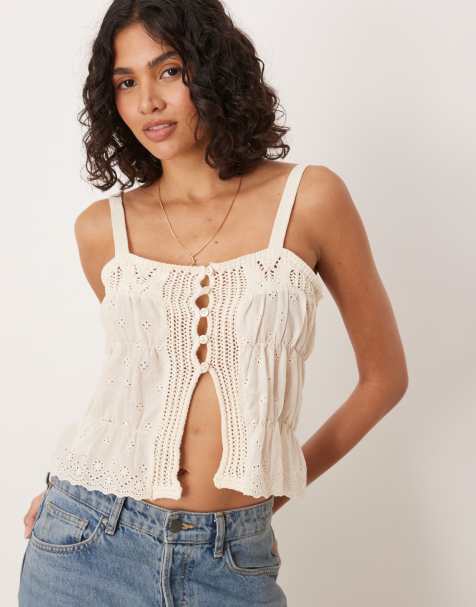 Mango crochet tie front knitted cami top in light beige