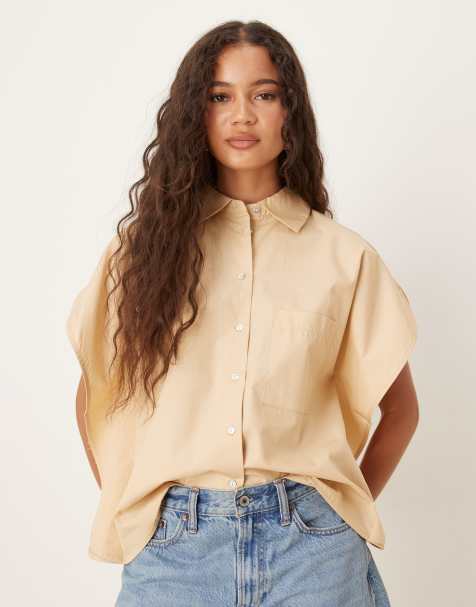 Mango – Jasnobrązowa koszula oversize z krótkim rękawem - view 1