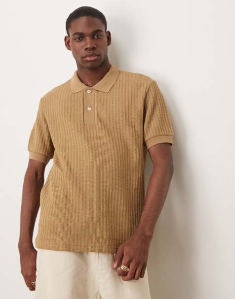 Mango light knit ribbed polo top in tan