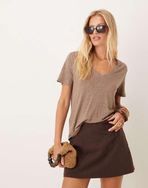 Mango linen mix v neck t-shirt in tan  