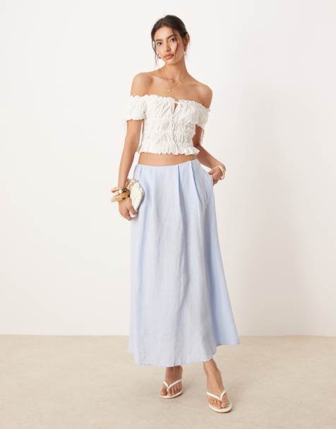 Mango linen a-line skirt with pleat detail in sky blue